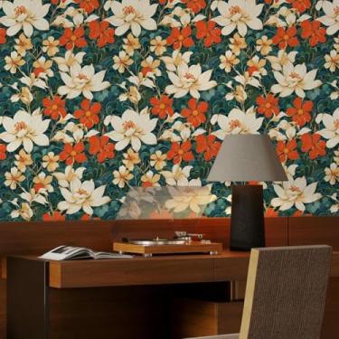 Imagem de ESSMOKO Papel de parede retrô flor fundo PVC impermeável quarto estudo autoadesivo adesivo renovação móveis vermelho e branco 45 * 500 cm
