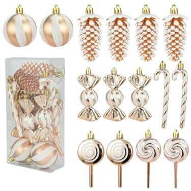 Imagem de Enfeites de bola de Natal, conjunto de 15 bolas de árvore de Natal com desenhos pintados à mão - interior, casa, decoração festiva de festa (champanhe)