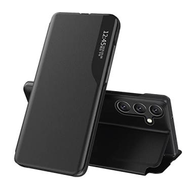 Imagem de LEMAXELERS Capa de telefone para Samsung Galaxy S25 FE, moderna, fina, para negócios, janela inteligente de policarbonato rígido + suporte de couro PU, capa à prova de choque para Samsung Galaxy S25