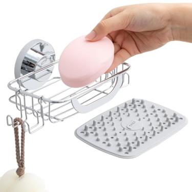 Imagem de TAILI Suporte de sabão em barra com ganchos e protetor de sabão de silicone para parede de chuveiro de banho, suporte de xampu para banheiro, banheira, cozinha, suporte de esponja de aço inoxidável à