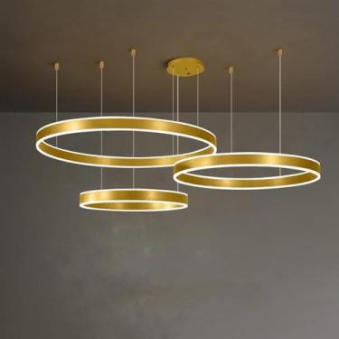Imagem de Lustre Escandinavo Simples Moderno Romântico Sala de Estar Luminárias Pendentes 2 Anéis Lustre Dourado Minimalismo Regulável Led Luminárias Pendentes Circular Rnd Entrada Teto