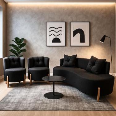 Imagem de Conjunto 2 Poltronas + Sofá Curvo Orgânico Luna Boucle Preto Pés de Ma