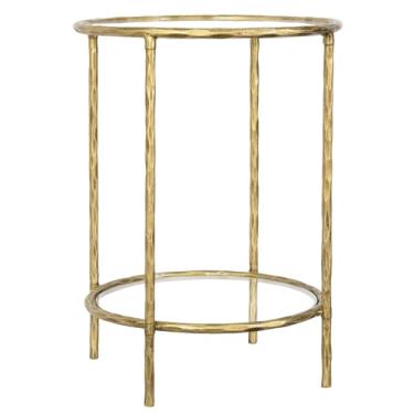 Imagem de Mesa lateral forjada à mão, 2 camadas, mesa de centro vintage com tampo de vidro, mesa de destaque com moldura sólida martelada, adequada para sala de estar, quarto, sala de estudo, entrada (ouro