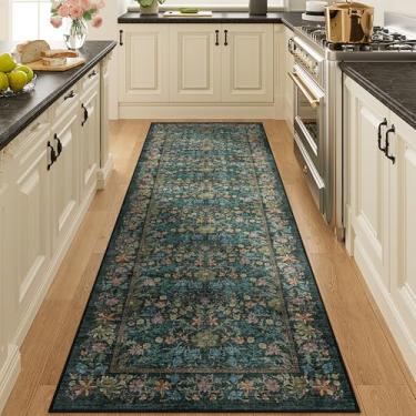 Imagem de DOKINO Tapete de corredor 5 x 25 cm para corredor, tapete de cozinha longo vintage lavável com design de pilha baixa, tapete floral antiderrapante macio para corredor, cozinha, banheiro, quarto, azul