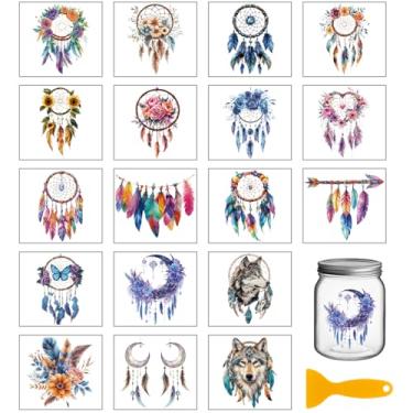 Imagem de GLOBLELAND 18 folhas de apanhadores de sonhos esfregar em transferências para artesanato, penas coloridas, à prova d'água, UV, DTF, envoltórios de copos, lobos e flores, adesivos para garrafa de vidro
