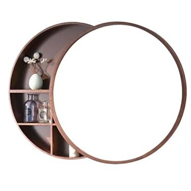 Imagem de AKALNNB Armário de armazenamento de banheiro redondo de madeira com espelho de maquiagem com moldura deslizante de madeira - armário de armazenamento de espelho de banheiro montado na parede p