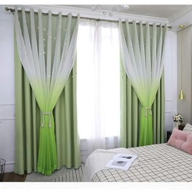 Imagem de Cortina blackout de camada dupla dégradé blackout de voile transparente, saia de economia de energia, cortina de ilhós de renda para quarto sala de estar/isolamento térmico, 1 peça, verde 350 x 270 cm
