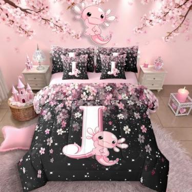 Imagem de Erosebridal Jogo de cama solteiro com axolote fofo em uma bolsa, 7 peças, para crianças, meninas e adolescentes, conjunto de edredom com letra J e lençol de cima com lençol de cima (rosa e branco)