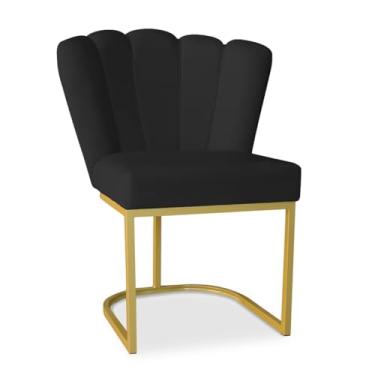 Imagem de Cadeira Pétala Estofada Veludo - Base Dourada Moderna para Sala de Jantar e Escritório (Base Metal, Preto)