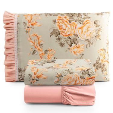 Imagem de Jogo Cama Lençol Fiore Solteiro Estampado 180 Fios 100% Algodão com Babadinho 3 Peças Salmão Floral