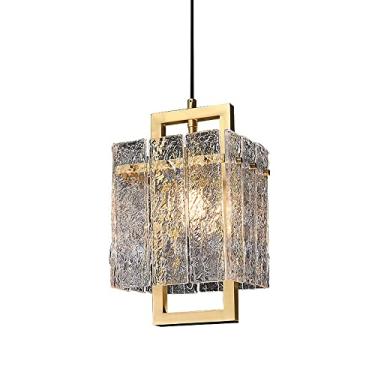 Imagem de YQSLQZZ Luminária pendente de ouro americano com sombra de vidro ondulado de água, lustre quadrado para sala de jantar, iluminação decorativa de cabeceira de quarto, luzes de teto suspensas vintage