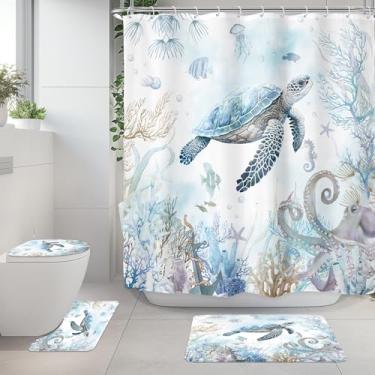 Imagem de Riyidecor Conjunto de 4 peças de cortina de chuveiro de banheiro azul-petróleo tartaruga mar turquesa polvo marinho conjunto de decoração de banheiro com tapetes e acessórios tapete de tampa de vaso