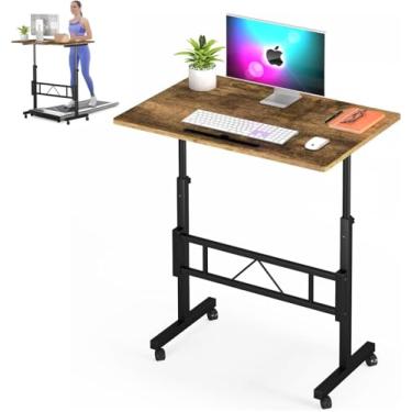 Imagem de Klvied Mesa de pé pequena, altura ajustável, mesa móvel com rodas, mesa portátil para laptop, mesa de computador em pé para tapete de caminhada (marrom)