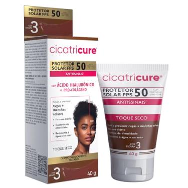 Imagem de Cicatricure Protetor Solar Facial FPS 50 Antissinais Toque Seco Cor Escura, Previne Rugas e Manchas, Ultra Proteção UVA UVB, Ácido Hialurônico para Pele Oleosa, 40 ml