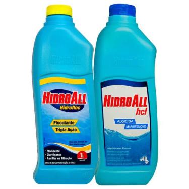 Imagem de 1 Clarificante Hidrofloc 1L + 1 Algicida Manutenção Hidroall 1L