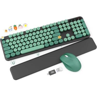 Imagem de Combo de teclado e mouse sem fio – lindo teclado de máquina de escrever com descanso de pulso removível, teclas redondas retrô, pernas dobráveis, teclados de 2,4 GHz para PC, laptop, Mac, Windows -