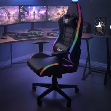 Imagem de Cadeira Gamer RGB Giratória – Ergonômica, Reclinável 180°, Couro Sintético Premium, Estrutura Metálica Reforçada, Luzes com Controle Remoto, Base de Nylon e Rodas PU