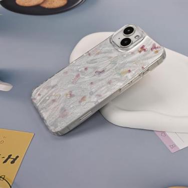 Imagem de O padrão de linha inclui capas de telefone pequenas flores e borboletas, fundo espelhado ondulado de água, compatível com iPhone 14, moldura de câmera elevada para proteção aprimorada da lente da