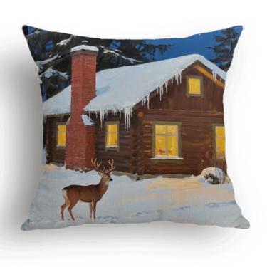 Imagem de Capa de almofada de inverno com cena de neve veado aconchegante cabana de madeira para sofá cama presentes de Natal inverno férias sazonal fazenda capa de almofada decoração de casa 18 x 18 polegadas