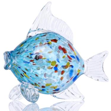 Imagem de LCCCK Estatuetas grandes de peixe de vidro soprado à mão, arte de vidro do mar de aquário, escultura de estátua de peixe com destaque costeiro moderno - para bugigangas de praia, mesas de café, centro