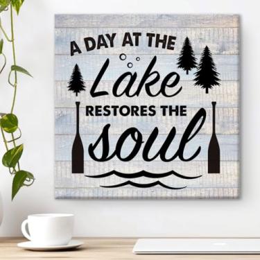 Imagem de Arte de parede em tela Country Lake Print a Day at the Lake Restores the Soul Poster Painting Framed Artwork Summer Rustic Home Wall Decoration 20 x 20 cm