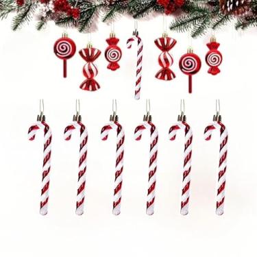 Imagem de Conjunto de enfeites de doces de Natal, 6 peças de decorações de plástico de bengala e pirulito de menta com corda para pendurar, enfeites de Natal para árvore de Natal, decoração de festa em casa