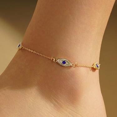 Imagem de Tornozeleiras femininas folheadas a ouro real 14K com olho turco – Corrente moderna à prova d'água Boho Linket Delicada com contas de diamante fofas não mancham Presente de joias de praia, DeviLs Eye