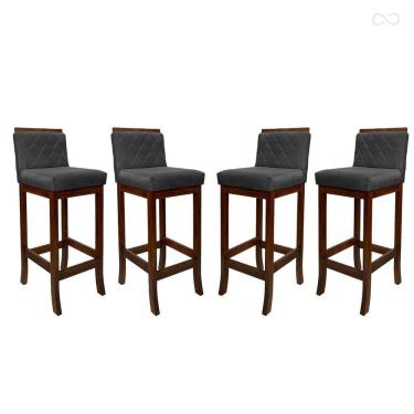 Imagem de Kit 4 Banquetas Alta de Madeira com Encosto Matelassê Nice Suede Cinza CCS