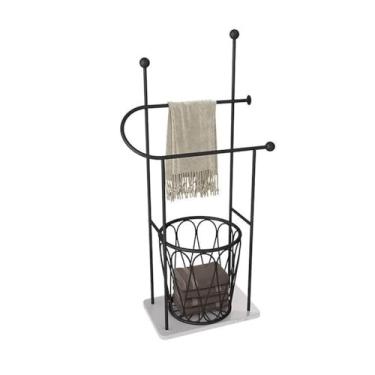 Imagem de porta-toalhas Toalheiro de armazenamento do banheiro simples piso mármore em pé toalheiro banheira rack(With basket)
