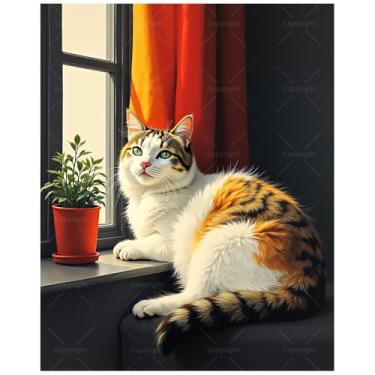 Imagem de Kit de pintura animal por números para adultos - Gato chita DIY sentado à janela com pintura de plantas em tela 40,6 x 50 cm, conjunto de tinta acrílica, adequado para iniciantes, arte para decoração