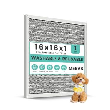 Imagem de Filtro de ar de forno HVAC reutilizável 16x16x1, filtro de forno eletrostático lavável, MERV 8, dura uma vida inteira, respira mais fresco, casa e escritório (tamanho real: 15,47 x 15,47 x 0,82