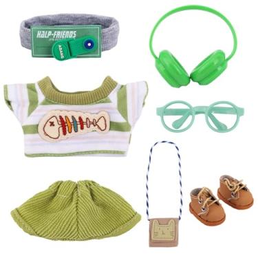 Imagem de 7un Conjunto Roupas Boneca Pelúcia, Conjunto Roupas Fofas Incluindo Blusa Calças Faixa Cabeça Bolsa Fones Ouvido Óculos e Sapatos Acessórios Boneca para Vestir e Exibir (Verde)