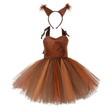 Imagem de Vaveren Vestido de tule infantil com tema de esquilo, versátil e leve, com tiara de orelhas, Tamanho 2xl