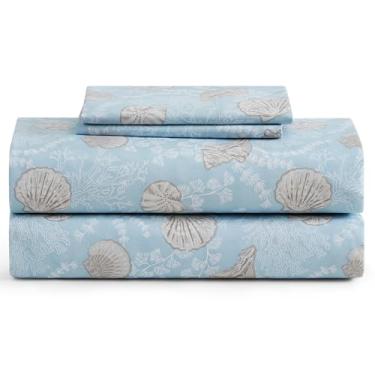 Imagem de Caribbean Joe Conjunto de lençóis de microfibra com estampa costeira, macio, confortável, bolsos profundos de 30,5 cm, King, conchas de renda