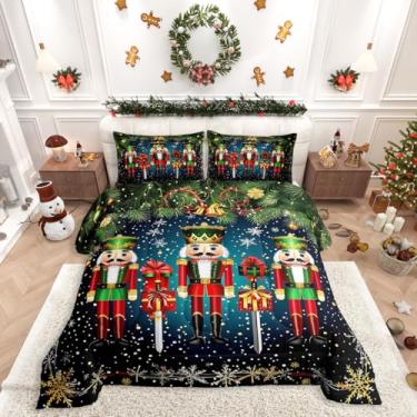 Imagem de Erosebridal Jogo de cama solteiro de Natal, quebra-nozes, edredom de Natal, decoração de floco de neve, edredom com sino de Natal, para crianças, meninos, meninas, adolescentes, vermelho e verde