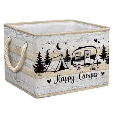 Imagem de Cesta de armazenamento de acampamento Happy Camper Cesta de piquenique dobrável com alças, acessórios de acampamento ao ar livre, organizador de caixa de armazenamento para livros de brinquedos de