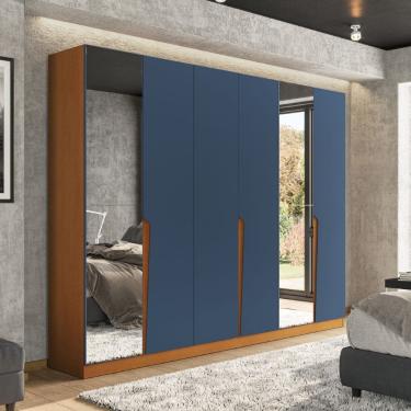 Imagem de Guarda Roupa Roupeiro 6 Portas 4 Gavetas com Espelho Porto Freijó Azul Politorno Móveis