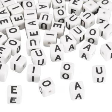 Imagem de KISSITTY 50 peças de contas de letras de porcelana quadrado de vogal de 8,5 mm com contas de letras AEIOU alfabeto pulseira contas iniciais artesanato contas de cerâmica para fazer joias pulseiras de