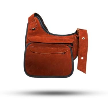 Imagem de Pochete Tiracolo em Couro Legítimo, Cor Telha, Couro Abufalado, 5 Compartimentos, Alça Ajustável