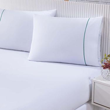 Imagem de Jogo De Cama 100% Algodão Percal 150 Fios Solteiro Gran Moratta 2 Peças - Branco E Detalhe Verde
