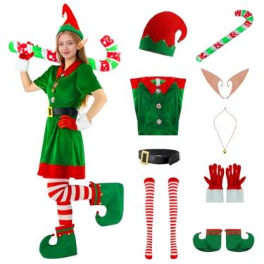 Imagem de Lcaughsy Conjunto de fantasia de elfo natalino, 9 peças, vestido de fantasia de elfo de Natal, chapéu de elfo, sinos, orelhas, sapatos de Natal chique para festa, Verde, M
