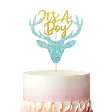 Imagem de Topo de bolo Oh Deer It's a Boy, decoração de bolo de chá de bebê de veado de Natal, topo de bolo de rena com glitter azul para meninos 1º aniversário, férias de inverno, decoração de festa de