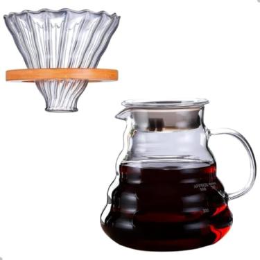 Imagem de Kit Cafeteira V60 Funil de Vidro Artesanal Com Suporte de Bambu Para Filtro de Papel + Jarra Vidro Borossilicato 500ml Café Coado Gourmet