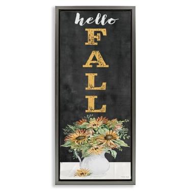 Imagem de Stupell Industries Hello Fall Sunflower Bouquet Arte de parede em tela flutuante emoldurada dourada, design por Cindy Jacobs, 25 x 11
