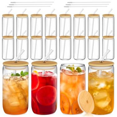 Imagem de Copos de vidro de 473 ml com tampas de bambu e canudos de vidro - Conjunto de 20 peças de copos de bebida, xícara de café gelado, copo para café, suco, chá, refrigerante, smoothie, coquetel, inclui