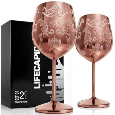 Imagem de Lifecapido Conjunto de 2 taças de vinho de aço inoxidável, taças de vinho em ouro rosa gravadas de 510 g, taças de vinho exclusivas com gravuras barrocas complexas para festa de casamento e