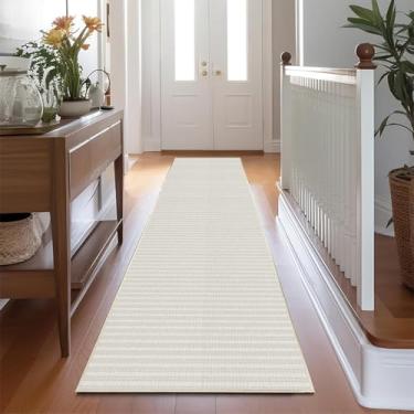 Imagem de Enkor Tapetes de corredor para corredor, 2'7"x20.3 cm lavável tapetes antiderrapantes simples para cozinha, tapete moderno para entrada, sala de estar, quarto, linha bege