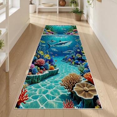 Imagem de Tapete de corredor infantil Shark 2 x 3 pés tapete de animais marinhos para quarto, tapete de corrida com tema de mundo subaquático, antiderrapante, adequado para quarto de crianças, tapetes