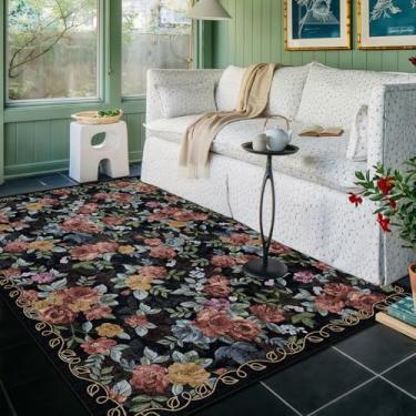 Imagem de GERUIMO Tapete lavável de 10 x 15 cm para sala de estar, preto vintage boho floral, grande, antiderrapante, tapete de lã sintética macia, adequado para crianças e animais de estimação para quarto