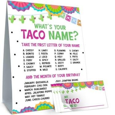 Imagem de Cidobi What is Your Taco Name Game Set, Taco Games Cads para meninos e meninas, 1 placa dupla face com nome de taco, 30 adesivos de nome de taco, suprimentos para jogos de festa de aniversário